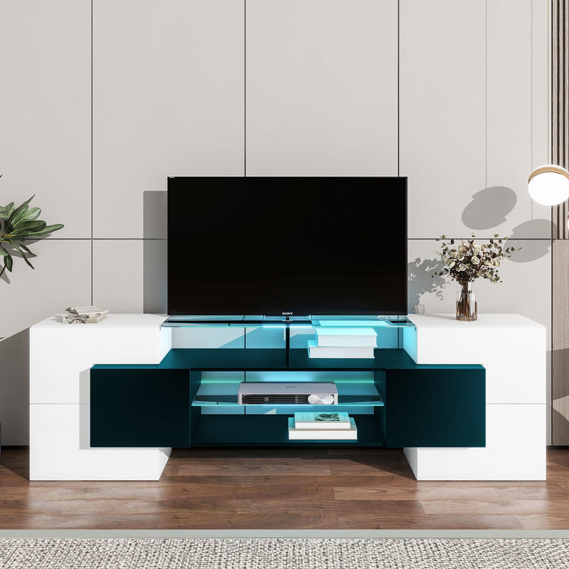 On-Trend Unique Shape TV Stand With 2 Illuminated Glass Shelves, High Gloss Entertainment Center For TVs Up To 80", Versatile TV Cabinet With LED Color Changing Lights For Living Room, Black&White