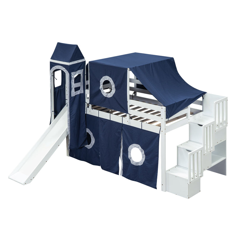 Twin Size Loft Bed With Tent And Tower - Blue