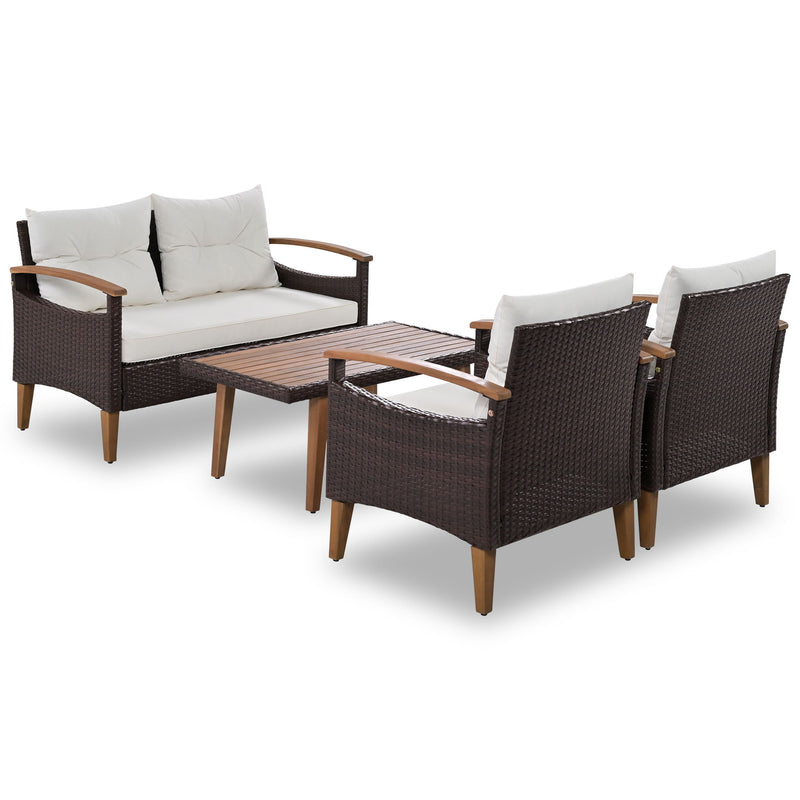 Go 4 Piece Garden Furniture, Patio Seating Set, Pe Rattan Outdoor Sofa Set, Wood Table And Legs, Brown And Beige