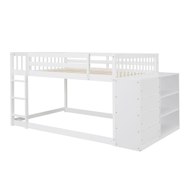 Full Over Full Bunk Bed With 4 Drawers And 3 Shelves - White