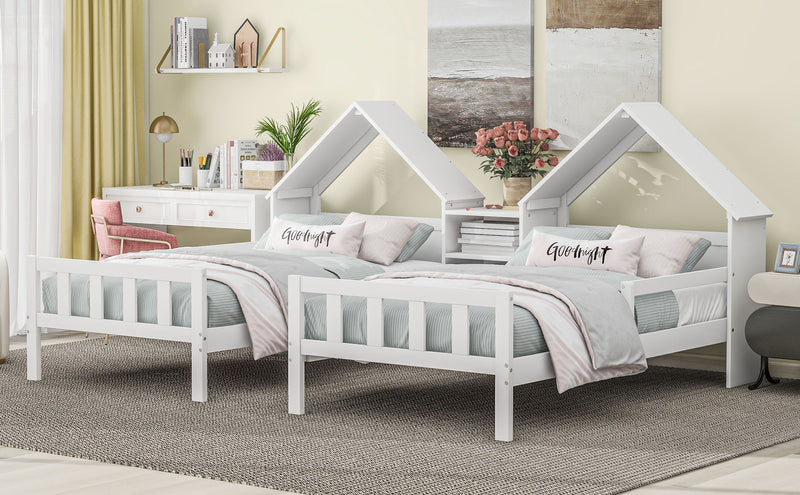 Double Twin Size Platform Bed With House-Shaped Headboard And A Built-In Nightstand, White