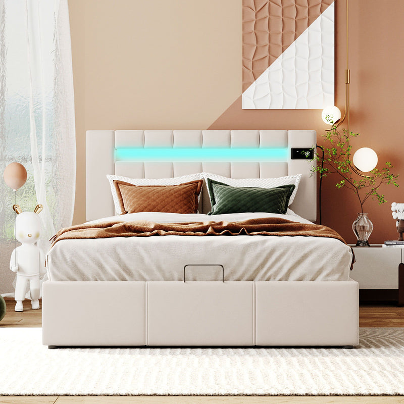 Upholstered Bed Full Size With LED Light, Bluetooth Player And USB Charging, Hydraulic Storage Bed In Beige Velvet Fabric