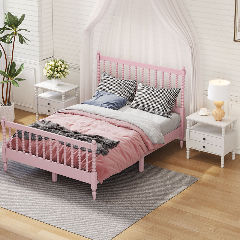 3 Pieces Bedroom Sets Full Size Wood Platform Bed With Gourd Shaped Headboard And Footboard With 2 Nightstands, Pink