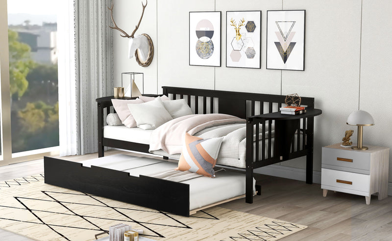 Wooden Daybed With Trundle Bed - Sofa Bed With Small Tables For Bedroom - Living Room - Espresso