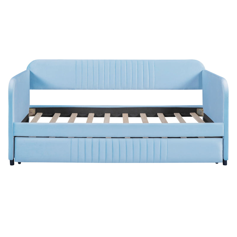 Upholstered Daybed Sofa Bed Twin Size With Trundle Bed And Wood Slat, Light Blue