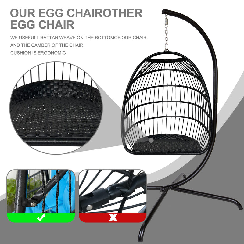 Swing Egg Chair with Stand Indoor Outdoor Wicker Rattan Patio Basket Hanging Chair with C Type bracket , with cushion and pillow,Patio Wicker folding Hanging Chair( Black New arrivals within 10 days) - Atlantic Fine Furniture Inc