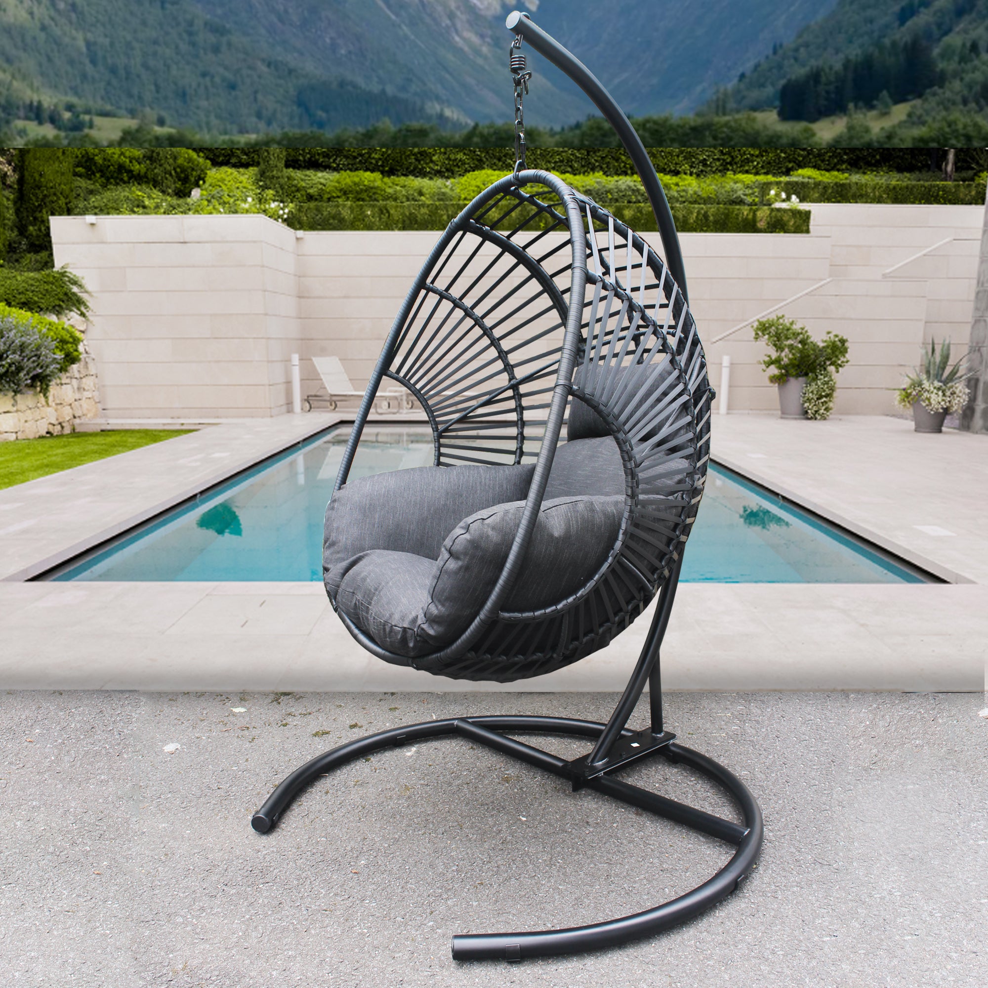 High Quality Outdoor Indoor Black color PE Wicker Swing Egg chair with Antracite Color Cushion And Black Color Base - Atlantic Fine Furniture Inc