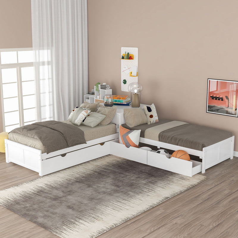 L-Shaped Platform Bed With Trundle And Drawers Linked With Built-In Desk, Twin, White
