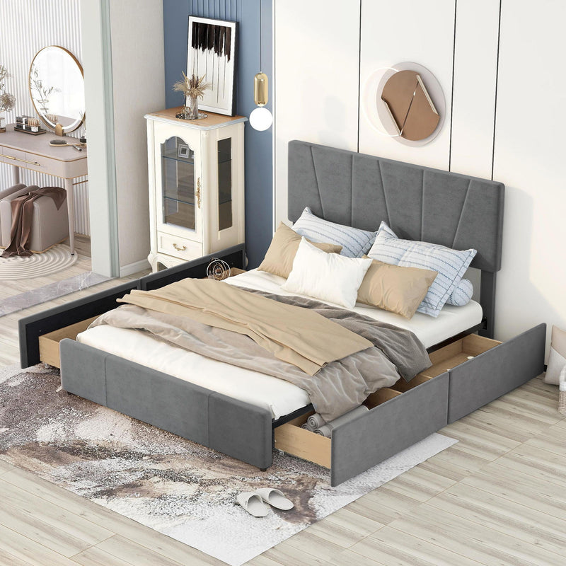 Queen Size Upholstery Platform Bed With Four Drawers On Two Sides, Adjustable Headboard, Gray