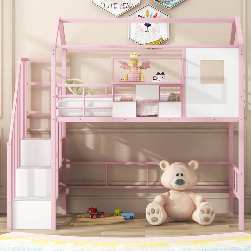 Metal Loft Bed With Roof Design And A Storage Box, Twin, Pink