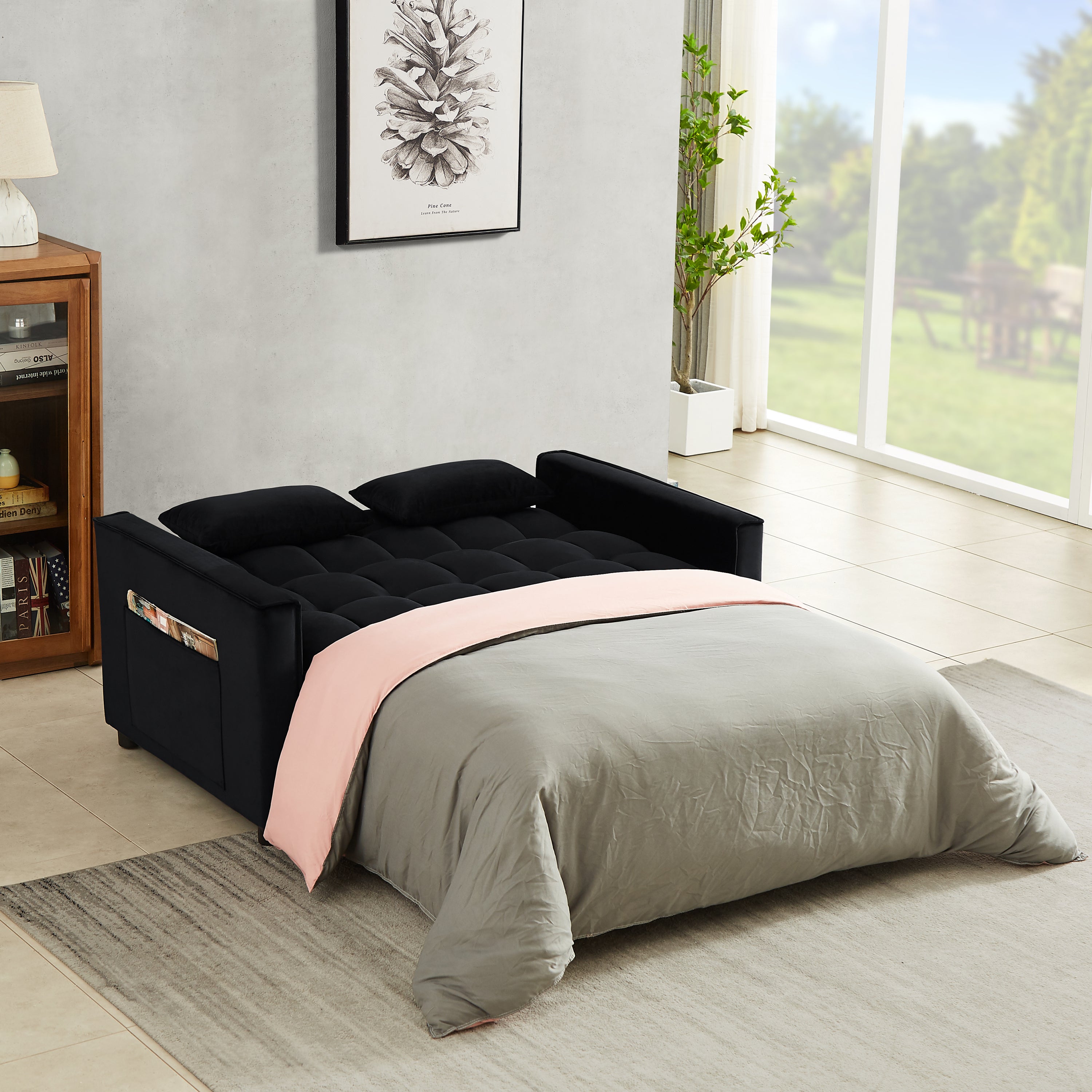 Modern Velvet Convertible Loveseat Sleeper Sofa Couch with Adjustable Backrest, 2 Seater Sofa With Pull-Out Bed with 2 Lumbar Pillows For Small Living Room & Apartment - Atlantic Fine Furniture Inc