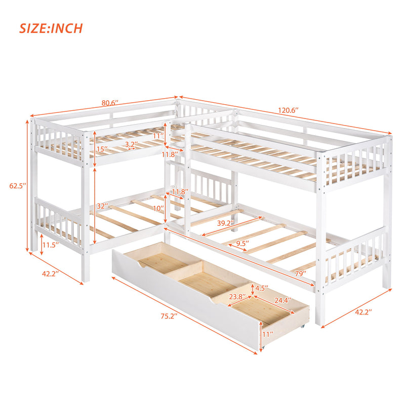 Twin L-Shaped Bunk Bed With Drawers - White