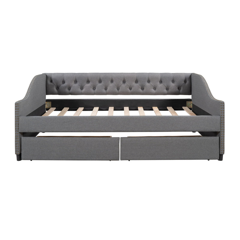 Upholstered Daybed With Two Drawers, Wood Slat Support, Full Size - Gray