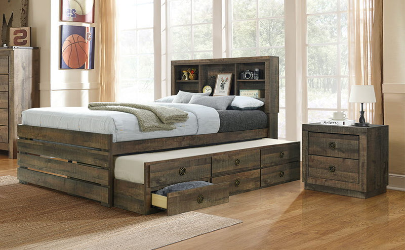 2 Pieces Bedroom Sets Farmhouse Style Full Size Bookcase Captain Bed And Nightstand, Rustic Brown