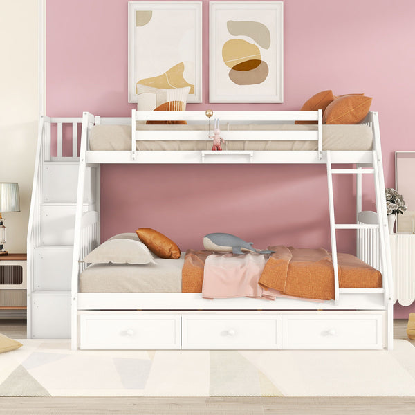 Twin-Over-Full Bunk Bed With Drawers ladder And Storage Staircase, White