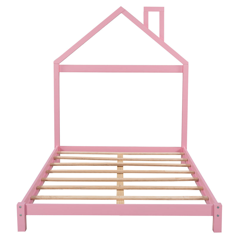 Full Size Wood Platform Bed With House Shaped Headboard (Pink)