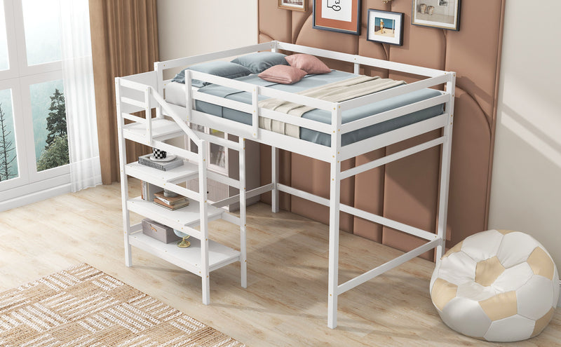Full Size Loft Bed With Built-In Storage Staircase And Hanger For Clothes White