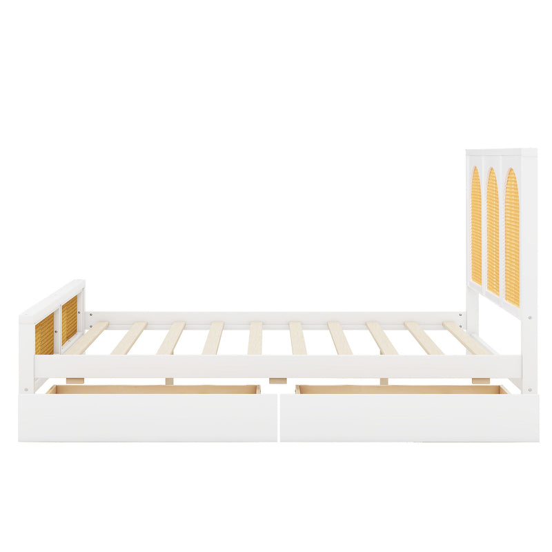 Full Size Wood Storage Platform Bed With 2 Drawers, Rattan Headboard And Footboard, White