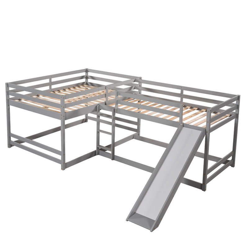 Full And Twin Size Shaped Bunk Bed With Slide And Short Ladder, Gray