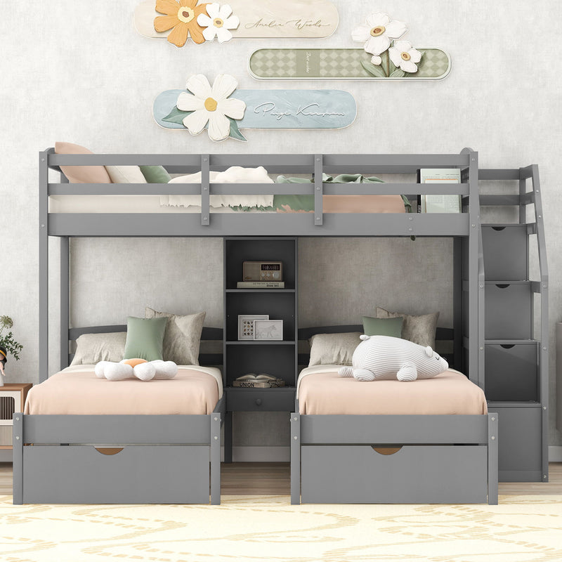 Twin Over Twin & Twin Bunk Bed, Triple Bunk Bed With Drawers, Staircase With Storage, Built-In Shelves, Gray