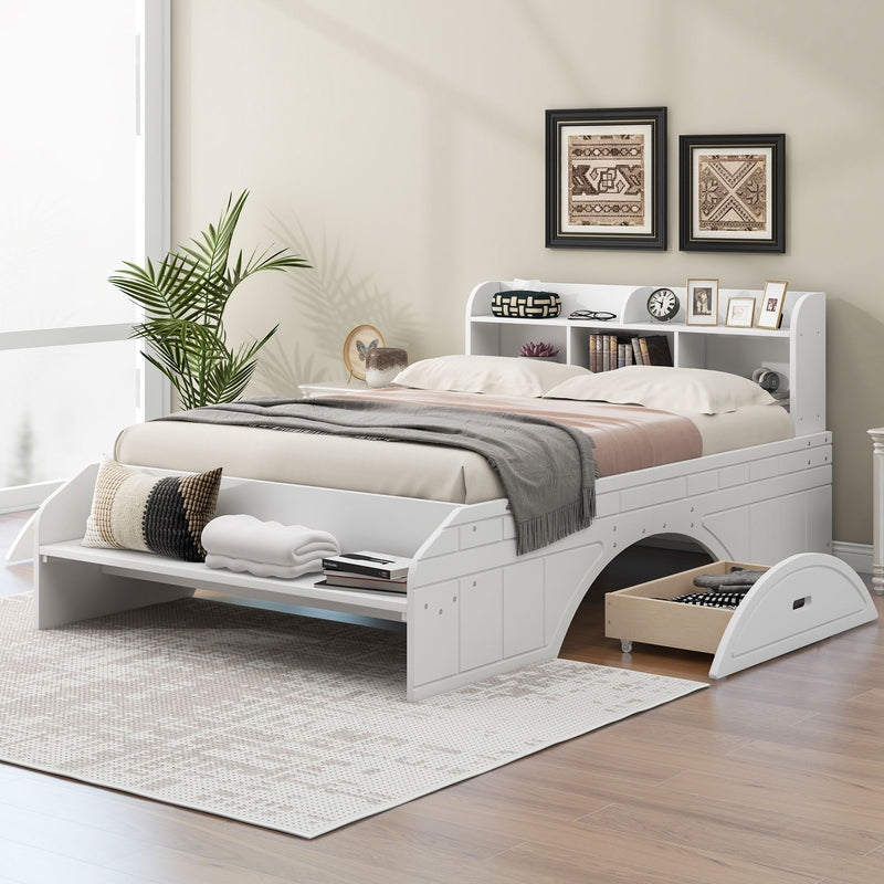 Wood Full Size Platform Bed With 2 Drawers, Storage Headboard And Footboard, White