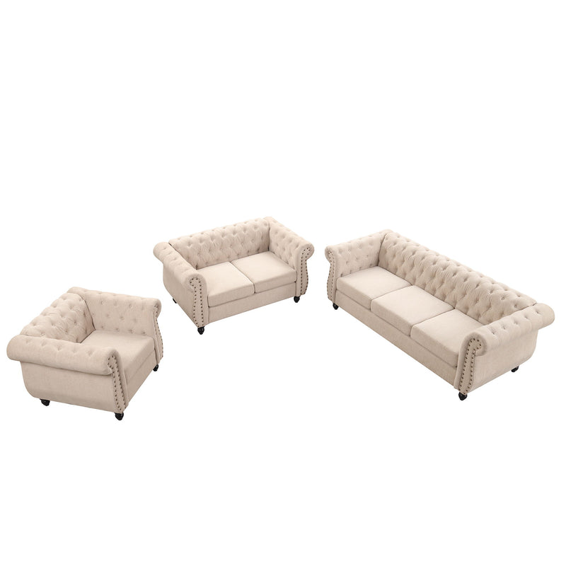 Modern Three Piece Sofa Set With Solid Wood Legs, Button-Down Tufted Backrest, Dutch Velvet Upholstered Sofa Set Including Three-Seater Sofa, Two-Seater And Living Room Furniture Set Single Chair