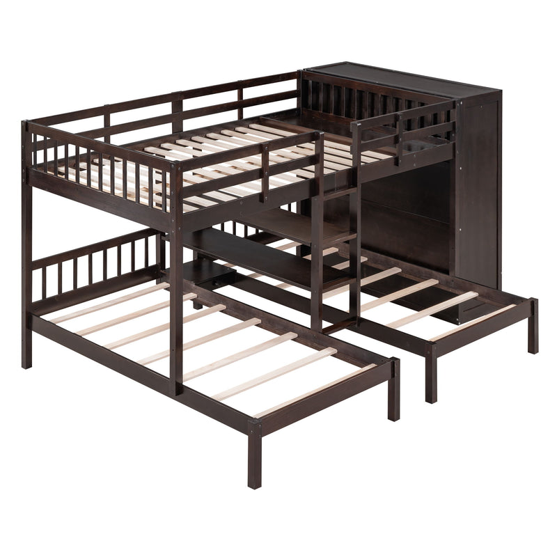 Full-Over-Twin-Twin Bunk Bed With Shelves, Wardrobe And Mirror, Espresso