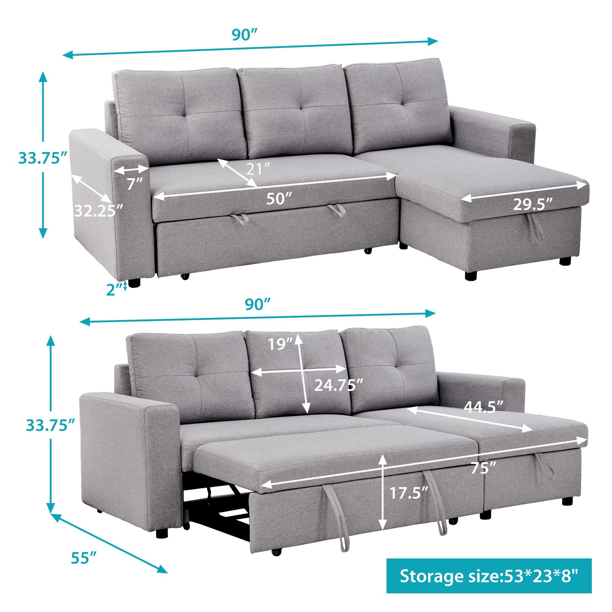 [VIDEO] 90" Reversible Pull out Sleeper L-Shaped Sectional Storage Sofa Bed,Corner sofa-bed with Storage Chaise Left/Right Handed - Atlantic Fine Furniture Inc