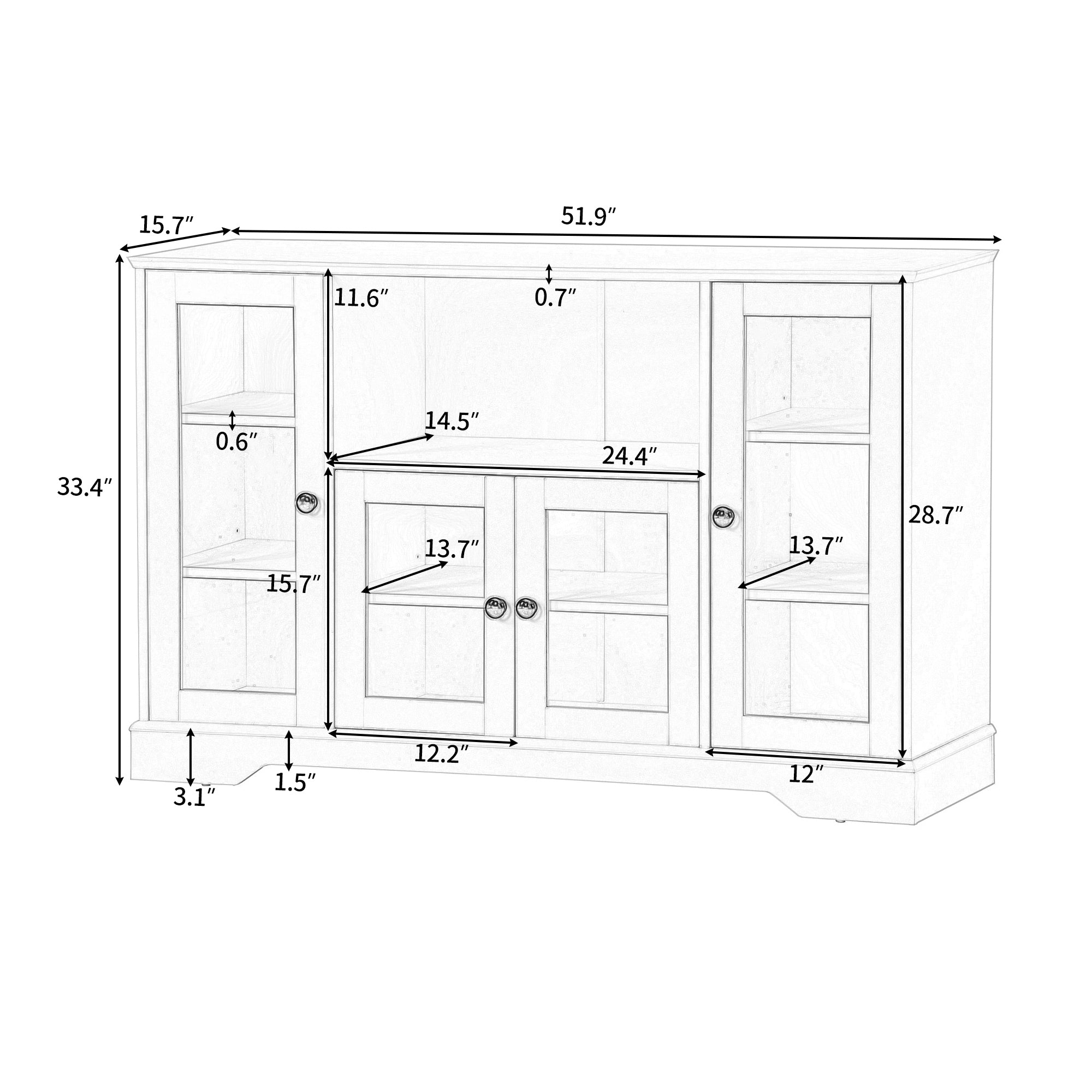 ON-TREND TV Stand for TV up to 60in with 4 Tempered Glass Doors Adjustable Panels Open Style Cabinet, Sideboard for Living room, White (OLD SKU:WF286785AAK) - Atlantic Fine Furniture Inc