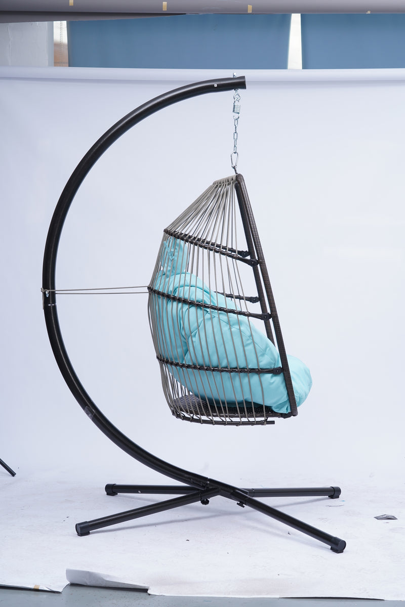 Patio Wicker folding Hanging Chair,Rattan Swing Hammock Egg Chair with C Type bracket , with cushion and pillow,for Indoor,Outdoor，Blue