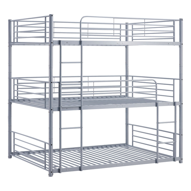 Full-Full-Full Metal Triple Bed With Built-In Ladder, Divided Into Three Separate Beds, Gray