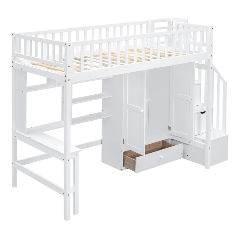 Twin Size Loft Bed With Bookshelf, Drawers, Desk And Wardrobe - White