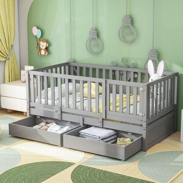 Twin Size Wood Daybed With Fence Guardrails And 2 Drawers, Used As Independent Floor Bed & Daybed, Gray