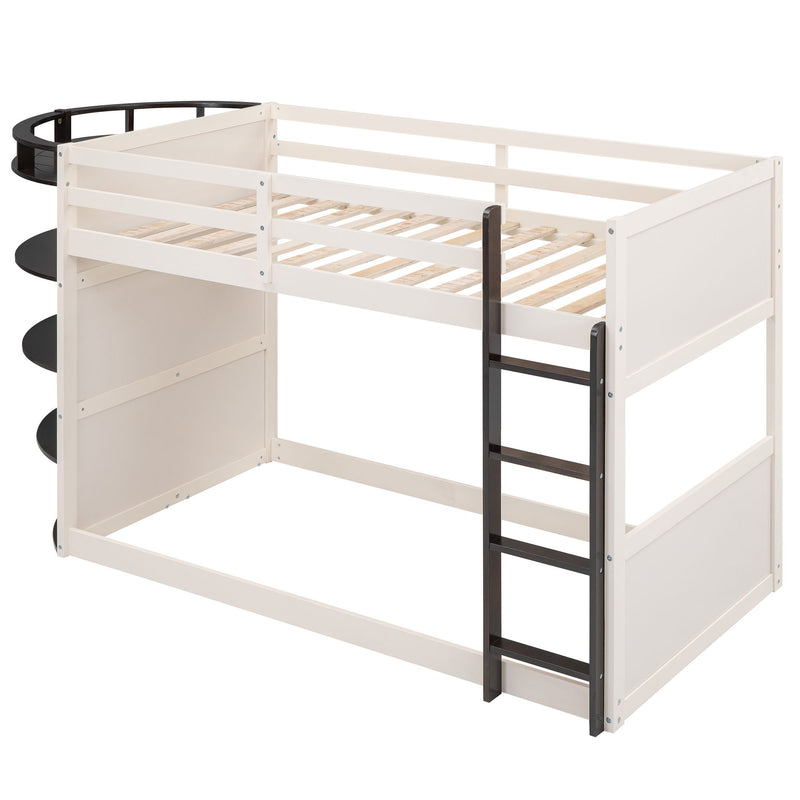 Twin Over Twin Boat-Like Shape Bunk Bed With Storage Shelves, Cream / Espresso