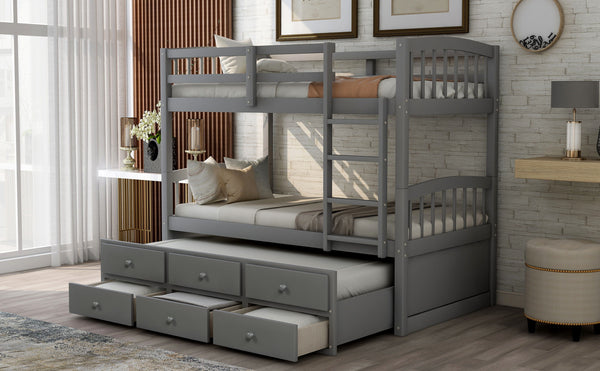 Twin Bunk Bed With Ladder, Safety Rail, Twin Trundle Bed With 3 Drawers For Bedroom, Guest Room Furniture - (Gray)