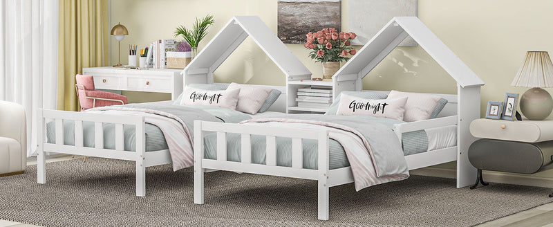 Double Twin Size Platform Bed With House-Shaped Headboard And A Built-In Nightstand, White