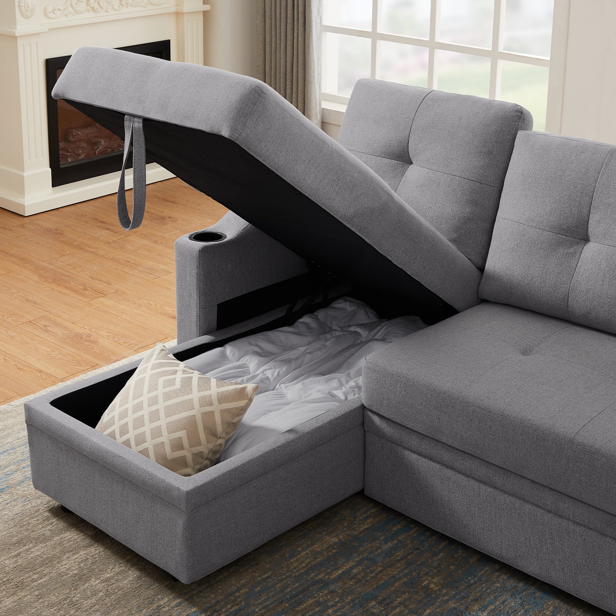 Orisfur. 81" Sleeper Sofa Bed Reversible Sectional Couch with Storage Chaise and Two Cup Holders for Living Room Furniture Set - Atlantic Fine Furniture Inc