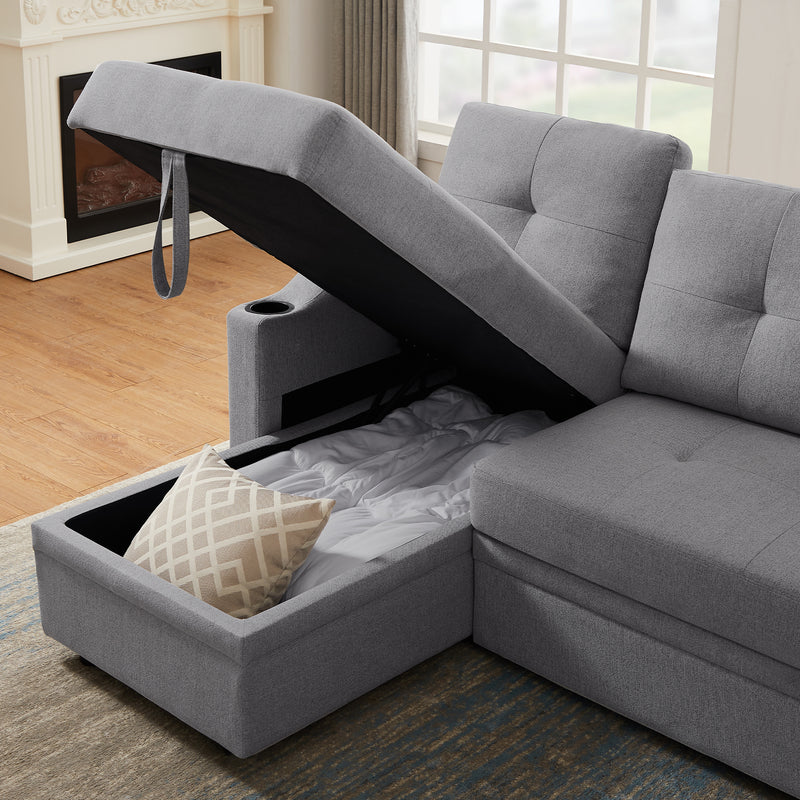 Orisfur. 81" Sleeper Sofa Bed Reversible Sectional Couch with Storage Chaise and Two Cup Holders for Living Room Furniture Set