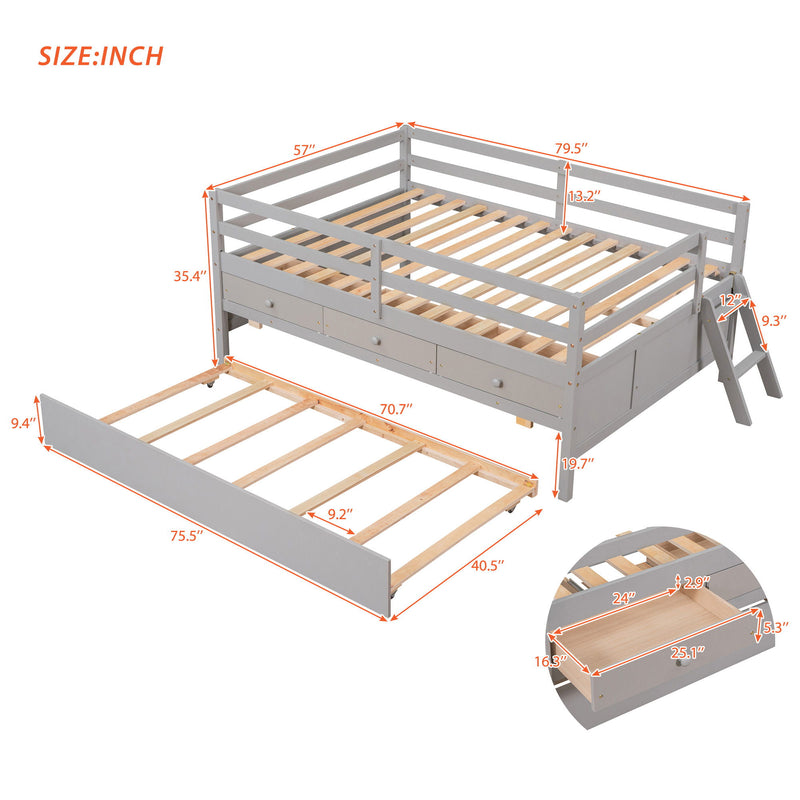 Low Loft Bed Full Size With Full Safety Fence, Climbing Ladder, Storage Drawers And Trundle Gray Solid Wood Bed