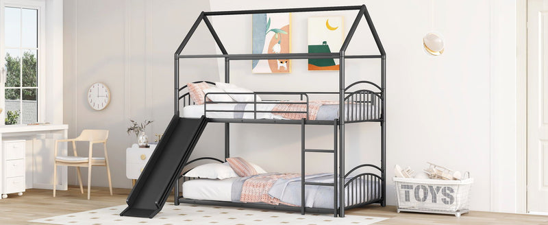 Twin Over Twin Metal Bunk Bed With Slide, Kids House Bed - Black