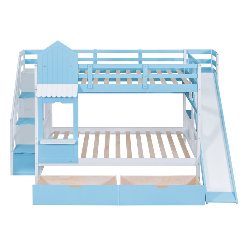 Full-Over-Full Castle Style Bunk Bed With 2 Drawers 3 Shelves And Slide, Blue