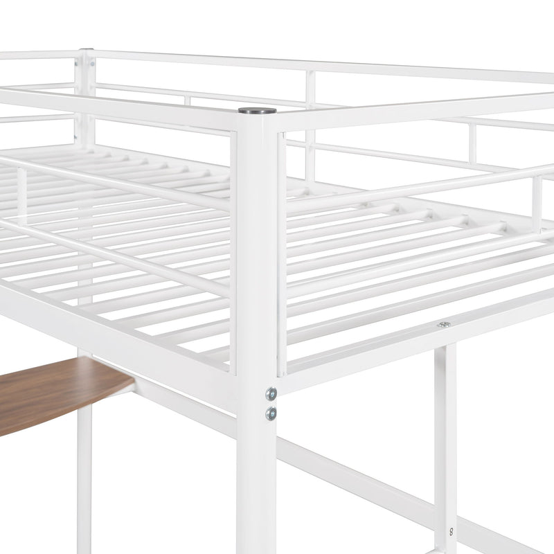 Twin Metal Bunk Bed With Desk, Ladder And Guardrails, Loft Bed For Bedroom, White