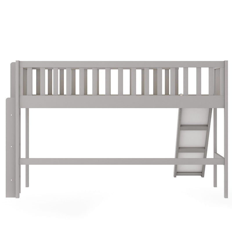 Twin Size Low Loft Bed With Ladder And Slide, Gray
