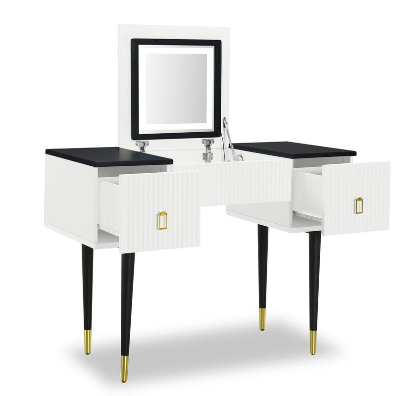 43.3" Modern Vanity Table Set With Flip-Top Mirror And Led Light, Dressing Table With Customizable Storage, White And Black