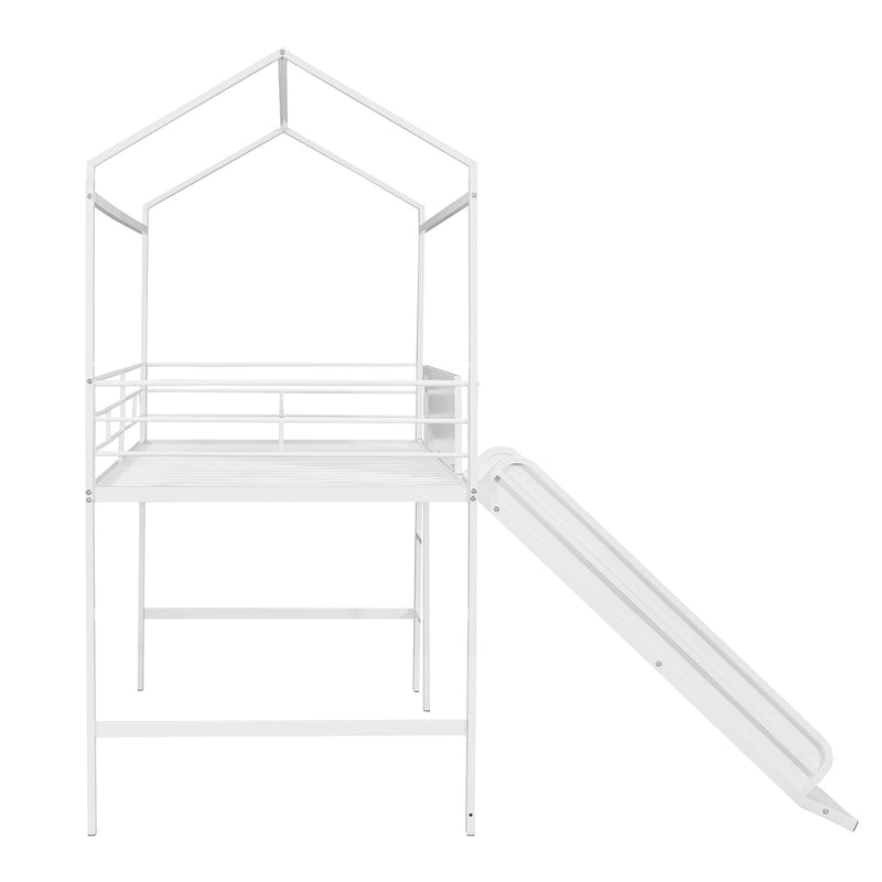 Metal House Bed With Slide, Twin Size Metal Loft Bed With Two - Sided Writable Wooden Board (White )