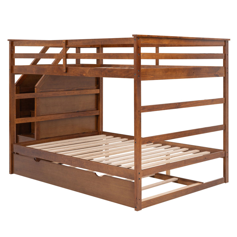 Full-Over-Full Bunk Bed With Twin Size Trundle And 3 Storage Stairs, Walnut