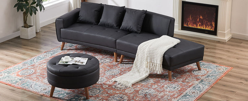 Contemporary Sofa Stylish Sofa Couch With A Round Storage Ottoman And Three Removable Pillows For Living Room, Black
