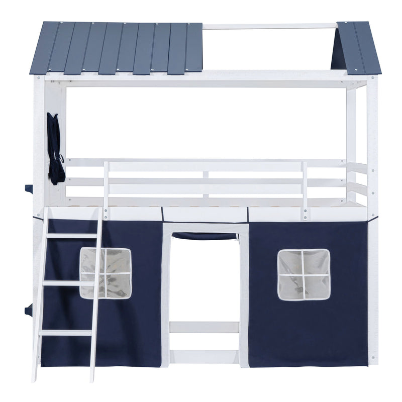 Twin Size Bunk Wood House Bed With Elegant Windows, Sills And Tent, Blue / White