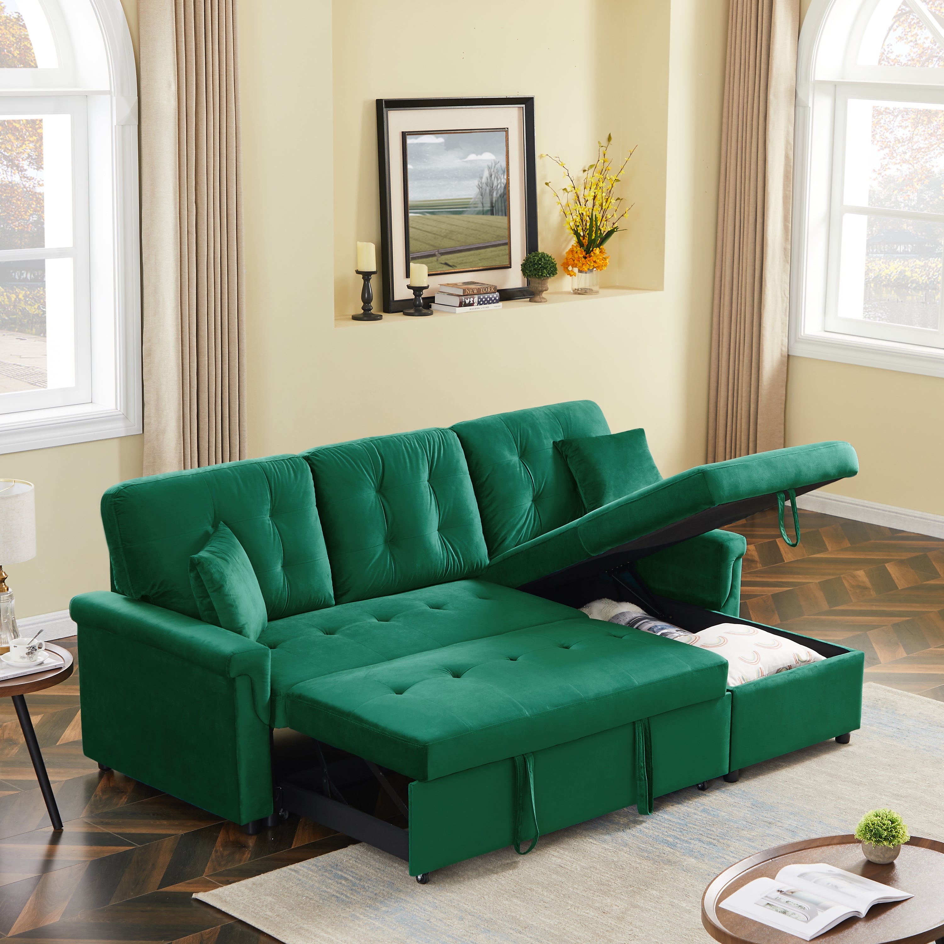 Velvet Reversible Sectional Sofa with Pull Out sleeper, L-Shaped Couch Chaise with Storage For Living Room & Apartment - Atlantic Fine Furniture Inc