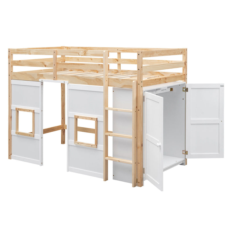 Wood Twin Size Loft Bed With Built-In Storage Wardrobe And 2 Windows, Natural / White